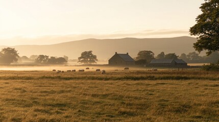 A serene landscape featuring a farm with sheep, mountains, and soft morning light.