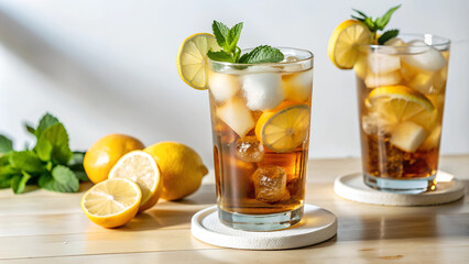 Fototapeta premium Iced lemon tea with mint and lemons on wooden table