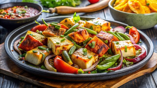 Indulge in a colorful Indian sizzler platter with a medley of vegetables, paneer, and spices, creating a mouthwatering