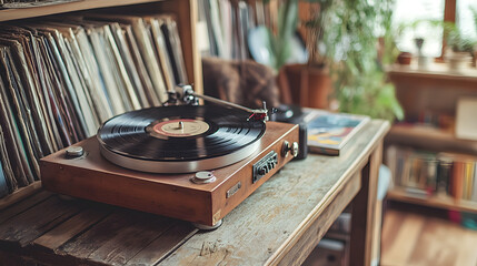 A vintage record player with a spinning vinyl record on a wooden table surrounded by bookshelves and plants.