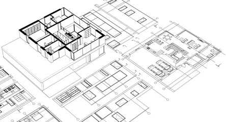 house architectural project sketch 3d illustration