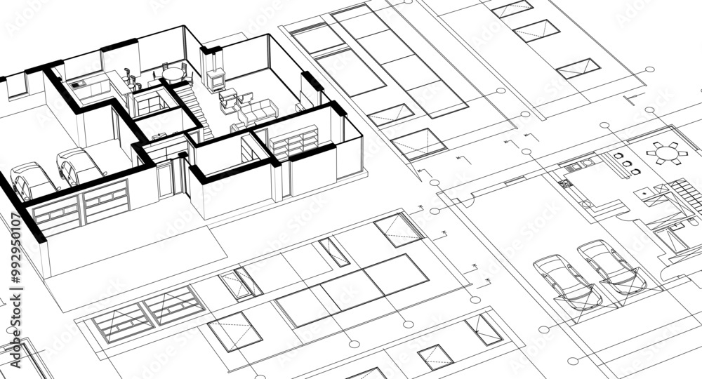 Wall mural house architectural project sketch 3d illustration