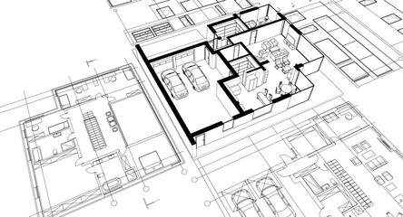 house architectural project sketch 3d illustration