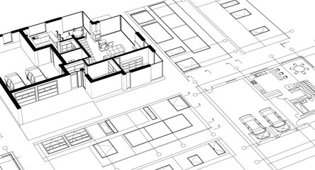 house architectural project sketch 3d illustration