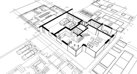 house architectural project sketch 3d illustration