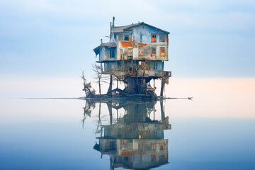 Old abandoned house reflecting in calm lake water