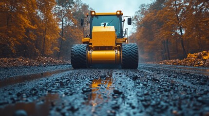 Heavy construction vehicle on a rugged road in autumn forest, showcasing industrial machinery and seasonal landscape in twilight.