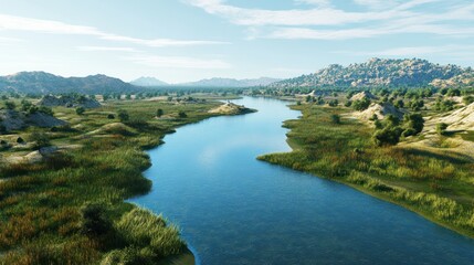 A serene river flows through lush greenery and rocky hills under a clear blue sky.