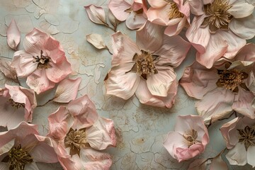 Paper Art Flowers. Vintage Botanical Blooms on Old Paper Texture