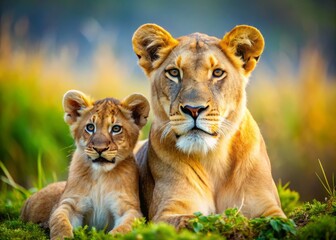 Fototapeta premium In the heart of Africa, a regal lioness and her spirited cub embody the essence of motherhood, showcasing
