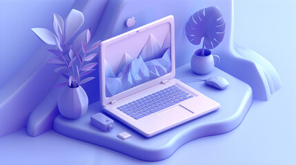 Set of Business Objects: Laptop, Cloud Computing, Desk Setup, and Digital Tools in 3D Web Vector Illustration