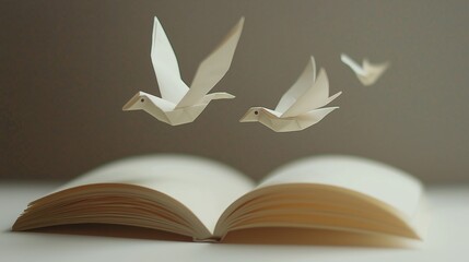 Origami birds flying from an open book, symbolizing literary freedom, escape through reading, imagination, and storytelling. Concept of creative inspiration and symbolic flight.