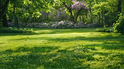 Obraz premium Park Lawn. Big Green Lawn in Spring Park with Shadows and Lilac Tree