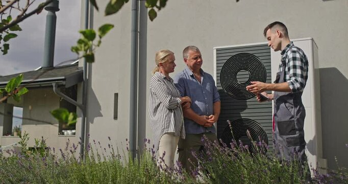 A technician explains heat pump features to a couple using a tablet, standing outdoors near the unit.