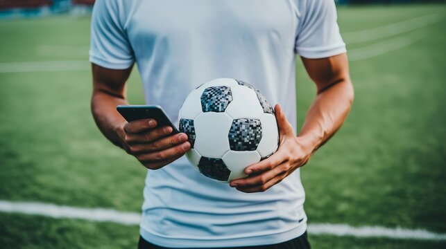 Close-up of person holding soccer ball and smartphone on field. Sports technology, fitness tracking, soccer equipment, digital coaching, outdoor activity concept.