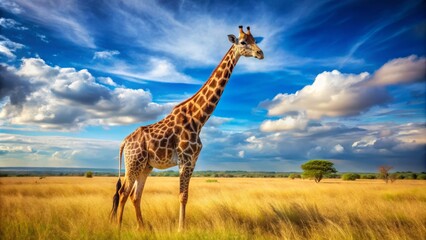 Fototapeta premium In the savanna, a magnificent giraffe stands tall beneath a brilliant blue sky, embodying the extraordinary serenity