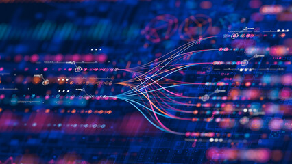 Big data technology Data science analysing artificial intelligence generative AI deep learning machine learning algorithm Neural flow network analytics innovation abstract futuristic. 3d rendering..