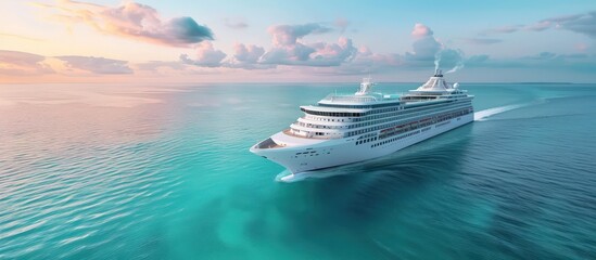 Elegant cruise liner gliding over the serene, turquoise ocean, with a horizon painted in soft pastel colors.