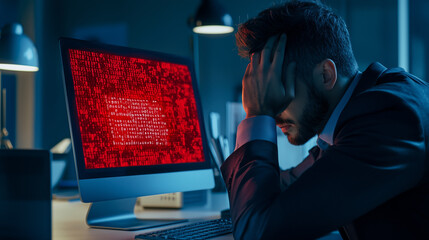 A business manComputer screen showing red ransomware warning message in home office setting