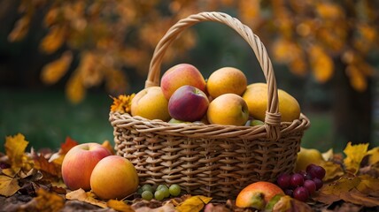 A  beautifully arranged autumn basket bursting with a colorful array of juicy fruits.Copy space