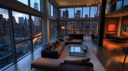 Elegant urban loft with a modern design and a sweeping cityscape view from large windows