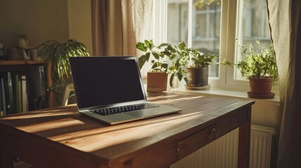 Fototapeta premium A cozy workspace featuring a laptop on a wooden desk, illuminated by natural light, adorned with potted plants by the window.