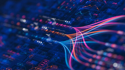 Big data technology Data science analysing artificial intelligence generative AI deep learning machine learning algorithm Neural flow network analytics innovation abstract futuristic. 3d rendering..