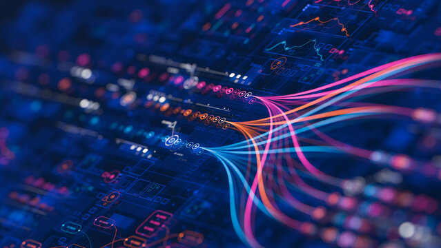 Big data technology Data science analysing artificial intelligence generative AI deep learning machine learning algorithm Neural flow network analytics innovation abstract futuristic. 3d rendering..