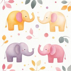 Obraz premium Colorful and whimsical elephant illustrations with playful leaves and dots, perfect for children's decor or playful designs.