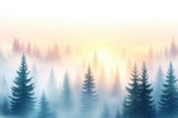 Mist envelops a tranquil forest at sunrise, with soft light illuminating the trees in a serene, peaceful atmosphere.