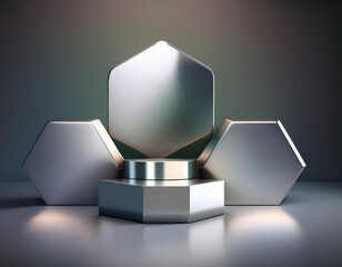 Hexagons podium 3 level The surface has a sleek, silver texture 3D backgrounds 