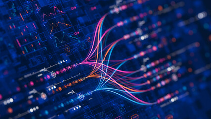 Big data technology Data science analysing artificial intelligence generative AI deep learning machine learning algorithm Neural flow network analytics innovation abstract futuristic. 3d rendering..