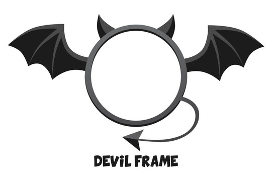 Cartoon black devil frame. Round cute demon frame or avatar for your designs. Evil symbol for Creative Halloween greeting card or banner