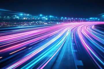 Fototapeta premium Futuristic highway with glowing curves, neon light trails, advanced transport system