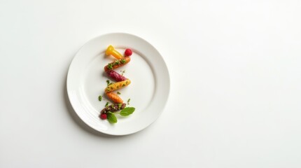 Healthy food arranged in DNA helix shape on plate, personalized nutrition, nutrigenomics, biohacking, innovative health trends, minimalistic food presentation