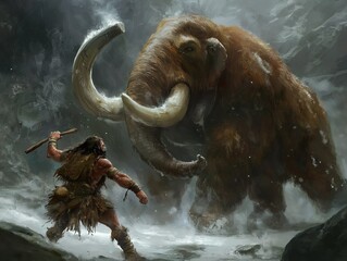 Fantasy: an ugly looking Neanderthal warrior with stone weapon attacks a mammoth in a primitive tribe - concept art.