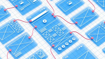 UX UI flowchart connection node graphic designer creative planning application process development data prototype wireframe for web mobile icon phone . User experience concept. 3d rendering.