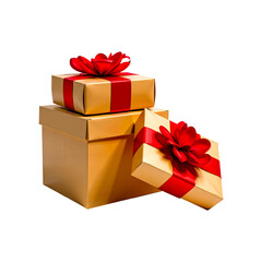 Golden Gift Boxes with Red Ribbons:  A trio of elegant gold gift boxes, tied with rich red ribbons and adorned with festive red bows, creates a luxurious and celebratory visual.