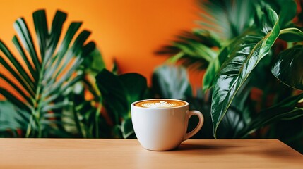 A cup of coffee with latte art on a wooden table against a backdrop of green leaves and an orange wall.