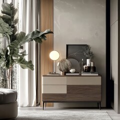 Modern interior with stylish decor, wooden sideboard, indoor plant, light fixture, and minimalist design. Cozy and contemporary living space.
