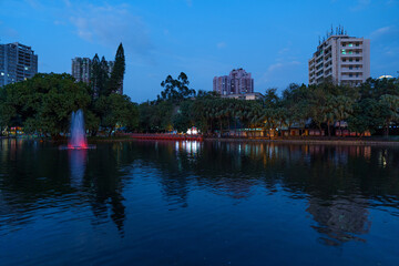 Night view of city park, lake and woods