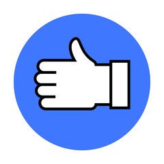A white hand giving a thumbs-up gesture outlined in black. The hand is centered within a solid blue circle. Ideal for positive feedback, approval, encouragement, social media, and communication. Flat