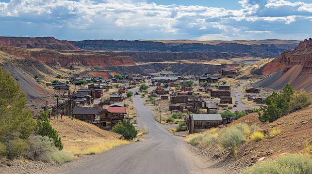 A scenic view of an old mining town surrounded by canyons and mountains.