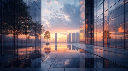 Modern office buildings with glass facades, reflection of the sky and cityscape on their surface. The sun is setting in front of them, creating beautiful light effects on the ground. 