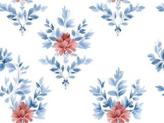 A floral pattern featuring blue leaves and red flowers against a white background, perfect for textiles and decor.