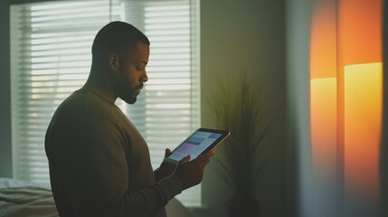 A middle-aged man explores wall color options using augmented reality in a bright modern bedroom