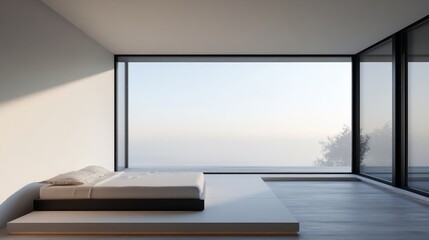 Fototapeta premium Modern minimalist bedroom with large windows offering an expansive view. Clean lines and sleek design create a serene and spacious atmosphere.