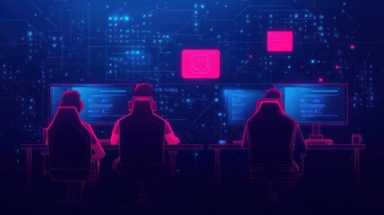 Gamers in an esports tournament, intense focus, flat design illustration