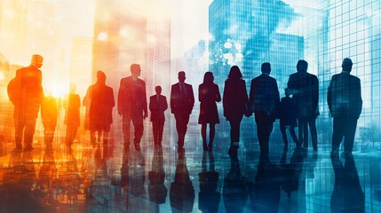 Double exposure image of many business people conference group meeting on city office building in background showing partnership success of business deal. Concept of teamwork, trust and agreement. 