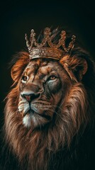Fototapeta premium Portrait of a lion wearing a crown in dark setting